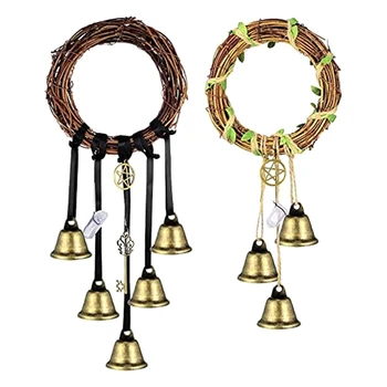 2 предмета, защита от ведьминых камбанки, Викканские свирки ръчно изработени, Венец от викканских камбани, изработени ръчно, Ведьминский декор за дръжката на вратата, държач