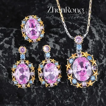 Foydjew Луксозни дизайнерски бижута Cherry Blossom Розови висулки с имитация на диаманти, огърлици, Обеци, пръстени, Комплекти бижута за жени