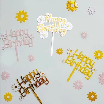 Topper за торта Daisy Happy Birthday Акрилни Занаяти Цветя Буква Торта Десертни Поставяне на Бебето Душ Украса на торта за парти по случай рождения Ден