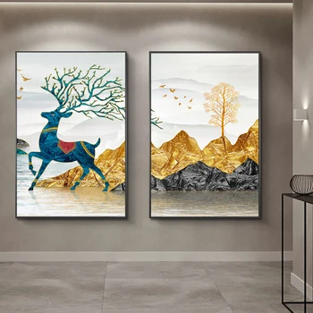 Абстрактна живопис върху платно със Златен планинско дърво, печатни постер за украса на стаята, Эстетичные картини със синьо Елен За домашен интериор на стените