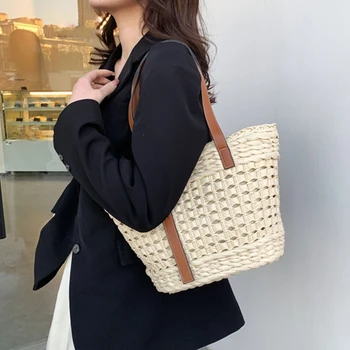 Дамска сламена чанта през рамо, кошница ръчно изработени чанти-тоут, лятна плажна сламена чанта, дамска чанта за почивка, модни отворена чанта