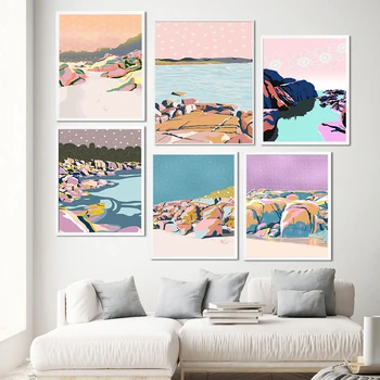 Плажен плакат в стил бохо Ретро и щампи, Пастелно Крайбрежен Абстрактен пейзаж, платно, живопис, Модерните стенни картини, декорация за дома в хола