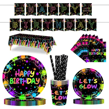 1 комплект светещи украси за рожден Ден чинии за Еднократна употреба Покривка Неон прибори за Еднократна употреба за сватба Светещи аксесоари за парти по случай рождения Ден