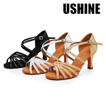 USHINE Нов прием на Обувки за балните танци за момичета, детски Дамски Обувки за латино танци Дамски Професионални обувки за танци