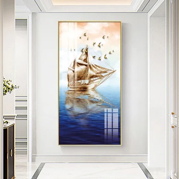 Абстрактни златни ветроходни отпечатъци върху платно картина Чайка Луксозни плакати морски пейзаж на стената художествени картини за украса на офис в пътеката
