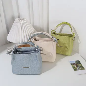 Дамски ежедневни чанти от изкуствена деним, однотонная чанта с елегантна дръжка голям капацитет, текстурирани женски универсални чанти-незабавни посланици за пътуване до работа