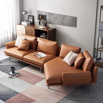 Лесен луксозен диван италиански от телешка кожа на първия слой, малък апартамент, модерен и семпъл, изчистен диван кожа специална форма, livi