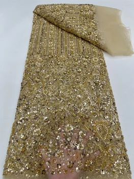 Луксозен перлен Блясък Африка златист цвят 2024 Висококачествени мъниста Младоженеца Нигерийская сватбена бродерия Френски тюл Лейси плат RF90