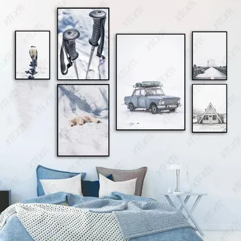 Нов сняг Тапети, Плакат Автомобил Бастун Пингвин Къща Платно Картина Бяла мечка Изкуство Натурален занаятчийски принт Изображение Декорация на дома