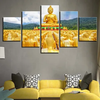 Платното В рамка, на Стената на художествени плакати, HD-щампи, Живопис, 5 парчета, Златна Статуя на Буда, картини, будизъм, начало декор, Хол
