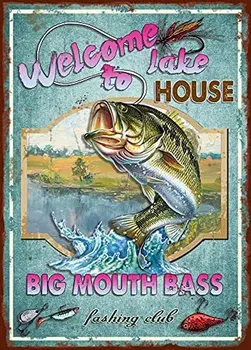 Реколта риболовна табела Добре дошли в Lake House Big Mouth Bass Fishing Club Декорация на стените у дома Метални указателни табели 12 