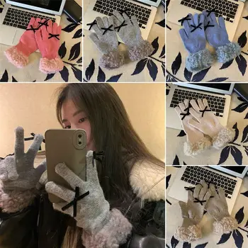 Сгъстено възли ръкавици Модни дишащи издръжливи ръкавици за сензорен екран Топли ветроупорен вълнени ръкавици с лък Зимни