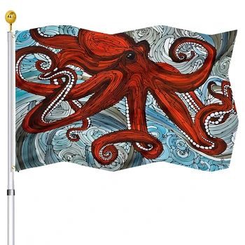 Червен октопод Морски животни Ръчно рисувани Флаг на изкуството, Вътрешно и външно Украса Банер с медни люверсами Знамена за жени, Подаръци за мъже