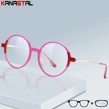 Дамски Кръгли очила за четене, Прекрасна Рецепта лещи, Оптика, Късогледство, Пресбиопические очила с Метални рамки за очила, принудителна синя светлина,