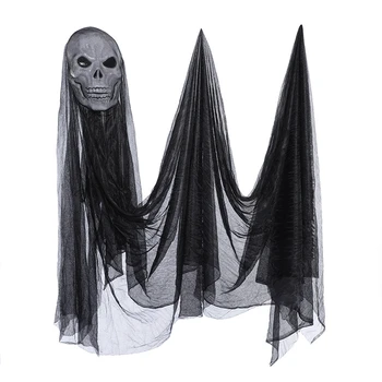 1 БР., висящи скелета-на духа на Хелоуин, украса за партита на закрито, страшен подпори, Пластмасови черно украса за Хелоуин