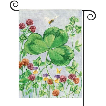 1 бр. Лен памук градински знаме с изображение четырехлистного детелина, окачен декор за вашия дом и градина на закрито.