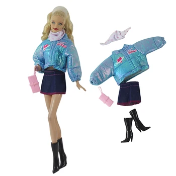 1 комплект за преобличане на кукли Зимна Син памучен яке от Деним, Къса пола Шал и Чанта за обувки-Комплект