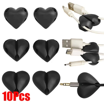 10шт 3 дупки в формата на сърце, Тенис на силикон Органайзер за навиване на кабел, Държач за управление на кабел, Скоби за мишки, слушалки, кабел за данни за датата на
