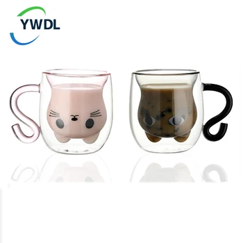 2 елемента Влюбени от стъкло с двойни стени, Сладък котка, кафе, чай, двойка чаши, Термостойкая дръжка за чаши кафе, чаша еспресо, лате, капучино
