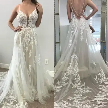 2020 Нови сватбени рокли за спагети презрамки, дантелени апликации, сватбени рокли, реални снимки, сватбена рокля трапецовидна форма