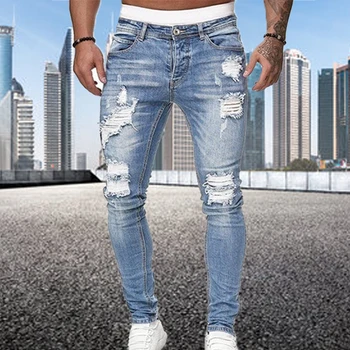 2022 Нови Мъжки Дънки Slim Fit, Модерни Улични Скъсани Дънки-Скинни, Мъжки Реколта Обикновена Дънкови Панталони, Мъжки лидер в продажбите