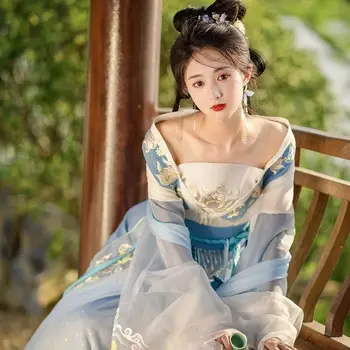 2023 Hanfu Dress Дамски бродерия, Южна династия Уей Джин, Дълги ръкави, пола със счупена талия, Летен костюм Hanfu