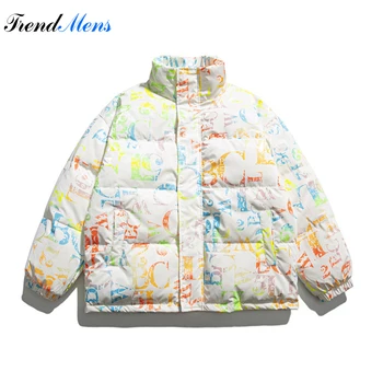 2023, Зимно пуховое палто с цветни писмото принтом и стенд-бай деколте, мъжки якета в японски стил ретро стил хип-хоп, изолирана памучни якета