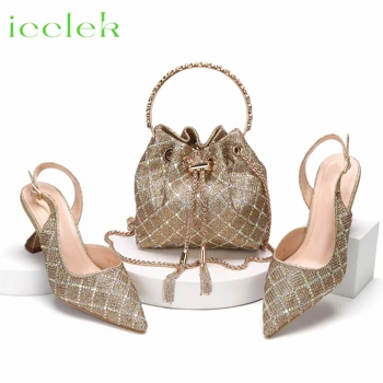 2023 Италиански дизайн, Луксозни дамски обувки и клатч златен цвят, украсена с диаманти, Метална чанта с цип за сватбени партита
