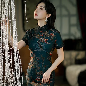 2023 Лятно Дамско Ципао в Китайски стил в стил Ретро, Синьо и Класическо Традиционната Вечерна рокля Ципао с къси ръкави и Рокли за жени