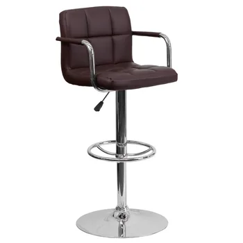 2023 Нов Модерен кафяв Ватиран Винил Бар стол с регулируема височина с подлакътници и хромирано основание