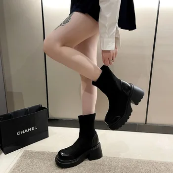 2023 Нови дълги обикновен дамски обувки в стил есен зима, плюш топли обувки Челси на дебелите обувки, дамски обувки с кръгло бомбе