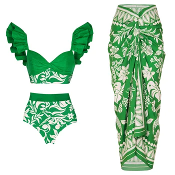 2023 Секси зелен бански-бикини с рюшами и саронг, дамски бански костюми, повдигащ, монокини