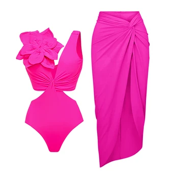 2024 едно Парче бански, дамски бански костюми с плажна пола, бански с V-образно деколте, плажно облекло с цветен модел, Монокини За плуване, лято