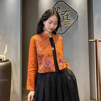 2024 китайски стил, къса яке с бродерии от памук и коноп в стила на тежката промишленост, национален стил, универсална модни дрехи, дамски топ hanfu