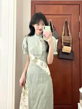 2024 нов китайски стил чонсам източното ципао младежки стил деликатно зелена модерна ежедневна рокля ципао-секси елегантна рокля hanfu