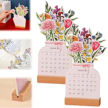 2024 Нов Настолен календар Bloomy Flower Творчески Дървена Card календар с Високо Качество за настолен календар Illustrator Decorate Supplies