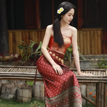 2024, традиционна празнична дрехи от Тайланд, облекло за булката от позлатен прежда, сватбен костюм малцинство дай, женски пътни настилки рокля