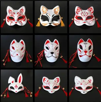 20pcs, маска за лице котка, Японски декор на летния фестивал, Изрисувани маски с камбана, подпори за парти с животни, на Halloween, бал с маски