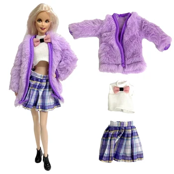 3 Предмет/ комплект дрехи за Барби кукли 30 см, модерно лилава козина + Топ + плиссированная пола, модерни дрешки за кукли 1/6 BJD, аксесоари за кукли