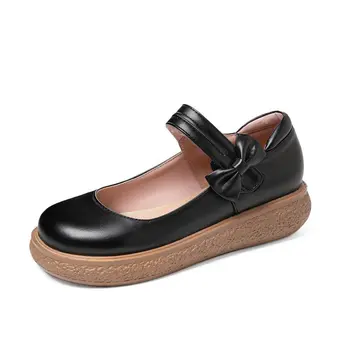 30-43 Обувки на плоска подметка, от изкуствена кожа за Дамски обувки Mary Jane с дебела подметка и лък в стил Лолита Дамски обувки на плоска подметка