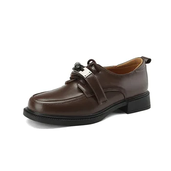 34-41, Пролетно-есенна обувки на плоска подметка с метална катарама и кръг пръсти, дамски обувки в черно и кафяво