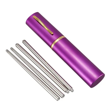 4-кратно алуминиев корпус във формата на химикалки, сгъване пътни пръчици за хранене от неръждаема стомана, сребрист цвят
