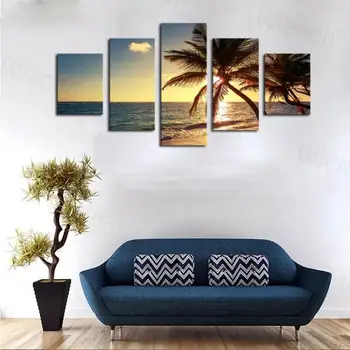 5 Елементи на модерното изкуство Върху платно Декорация на дома, Красив Плаж, Залез Картина с морски пейзаж Подарък Бескаркасная Дневна Спалня Хотел