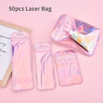 50 бр 4 Размера Розова Лазерна опаковъчна чанта Плоска козметична чанта за съхранение на Холографски Мини-пакет от алуминиево фолио