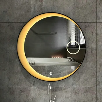 60 см, 70 см, 80 см, Лунно огледало с led осветление, висококачествено отражението на Сребърно огледало в черна стоманена рамка, Кръгло огледало в банята