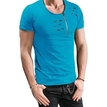 A2906 Скъсани тениски с дупки, мъжка тениска с къс ръкав, летни дрехи за фитнес, мъжки забавно однотонная тениска, градинска дрехи, тънки блузи, тениски
