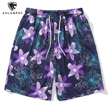 Aolamegs Мъжки плажни шорти оверсайз, шорти с флорални принтом, Летни ежедневни Спортни Свободни панталони Harajuku, Дишаща градинска облекло