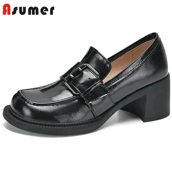 Asumer / Новост 2022 г.; Офис обувки; Дамски обувки-лодка; тънки обувки от естествена кожа с катарама и кръг пръсти; Дамски обувки на висок ток в черен цвят;