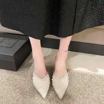BCEBYL Лятна мода, нови ежедневни елегантни чехли с остри пръсти и перли на висок ток, дишащи дамски обувки с отворени пръсти