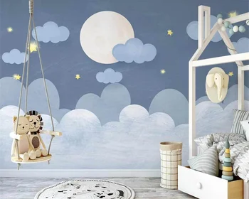 beibehang papel de parede - Нови тапети за детска стая, ръчно рисувани в скандинавски стил, синия облак, на звездното небе.